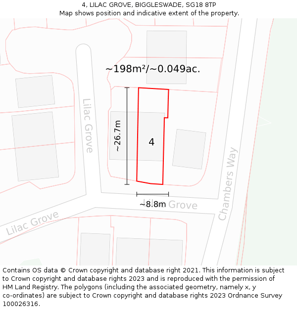 4, LILAC GROVE, BIGGLESWADE, SG18 8TP: Plot and title map