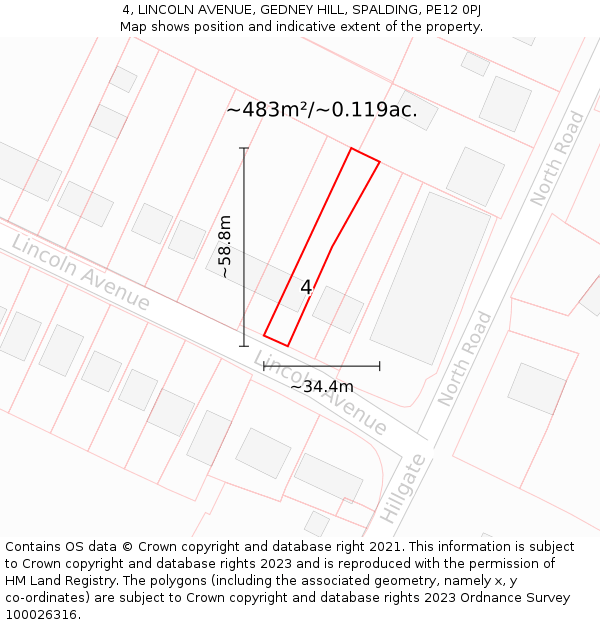 4, LINCOLN AVENUE, GEDNEY HILL, SPALDING, PE12 0PJ: Plot and title map