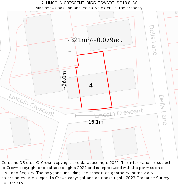 4, LINCOLN CRESCENT, BIGGLESWADE, SG18 8HW: Plot and title map