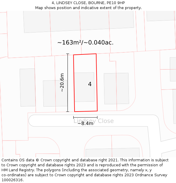 4, LINDSEY CLOSE, BOURNE, PE10 9HP: Plot and title map