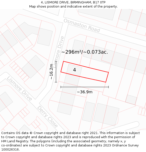 4, LISMORE DRIVE, BIRMINGHAM, B17 0TP: Plot and title map