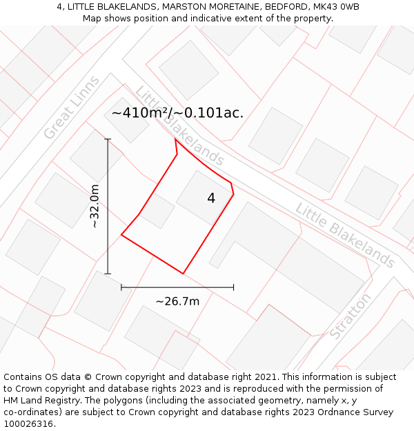 4, LITTLE BLAKELANDS, MARSTON MORETAINE, BEDFORD, MK43 0WB: Plot and title map