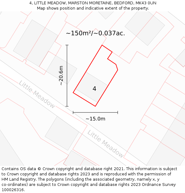 4, LITTLE MEADOW, MARSTON MORETAINE, BEDFORD, MK43 0UN: Plot and title map