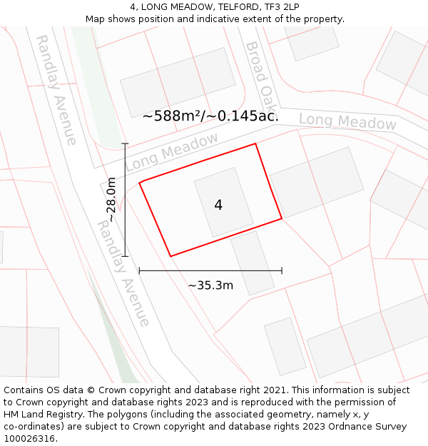 4, LONG MEADOW, TELFORD, TF3 2LP: Plot and title map