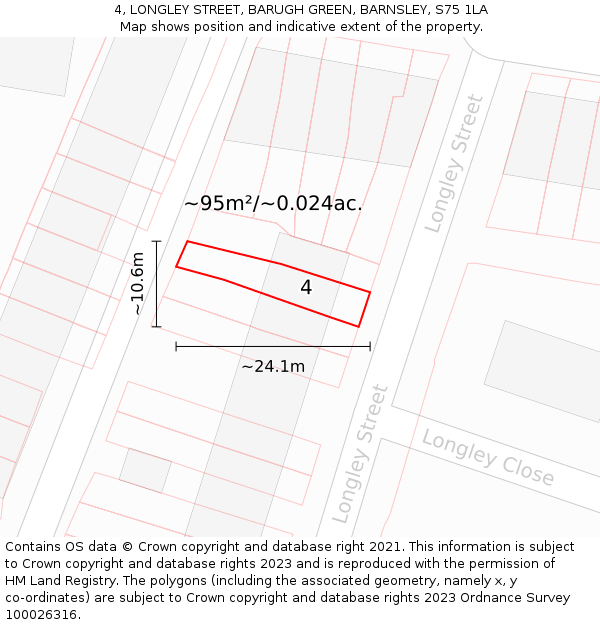 4, LONGLEY STREET, BARUGH GREEN, BARNSLEY, S75 1LA: Plot and title map