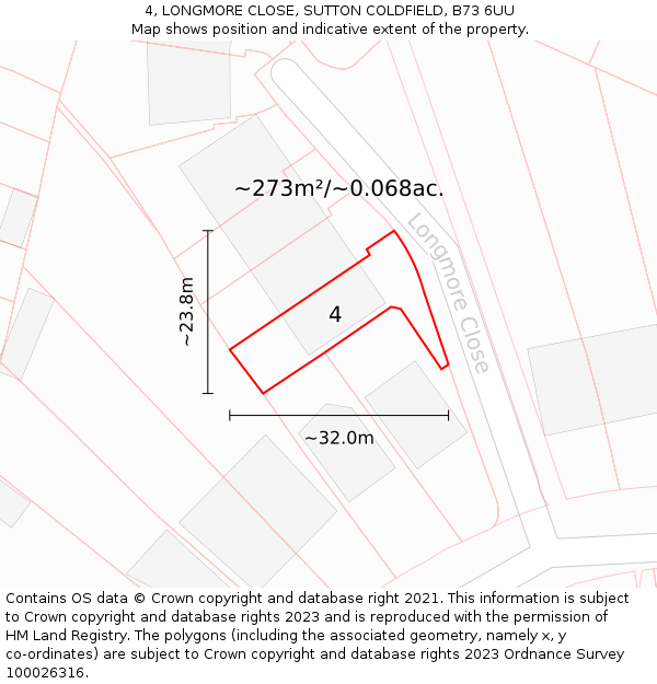 4, LONGMORE CLOSE, SUTTON COLDFIELD, B73 6UU: Plot and title map