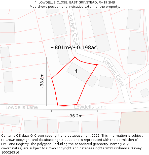 4, LOWDELLS CLOSE, EAST GRINSTEAD, RH19 2HB: Plot and title map