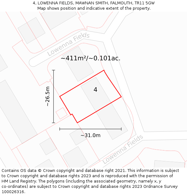 4, LOWENNA FIELDS, MAWNAN SMITH, FALMOUTH, TR11 5GW: Plot and title map