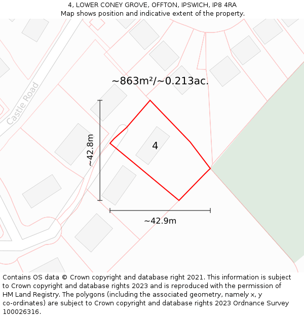 4, LOWER CONEY GROVE, OFFTON, IPSWICH, IP8 4RA: Plot and title map