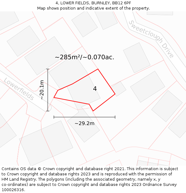 4, LOWER FIELDS, BURNLEY, BB12 6PF: Plot and title map