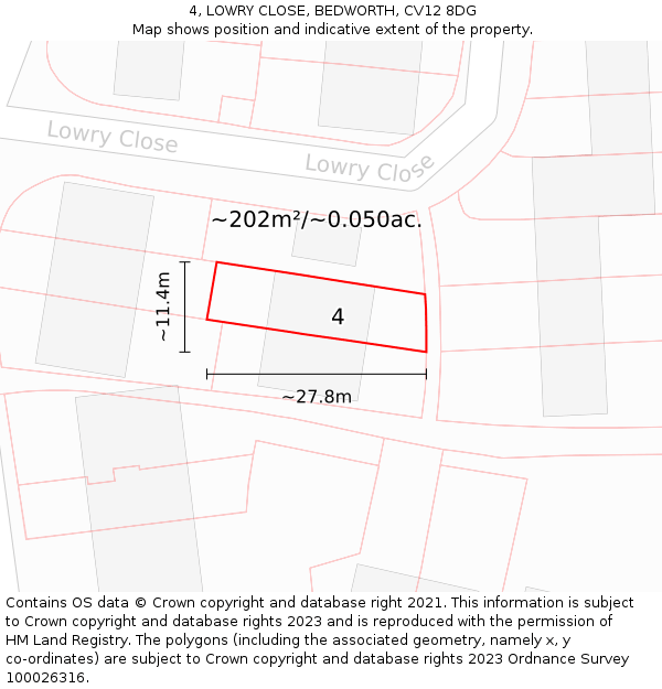 4, LOWRY CLOSE, BEDWORTH, CV12 8DG: Plot and title map