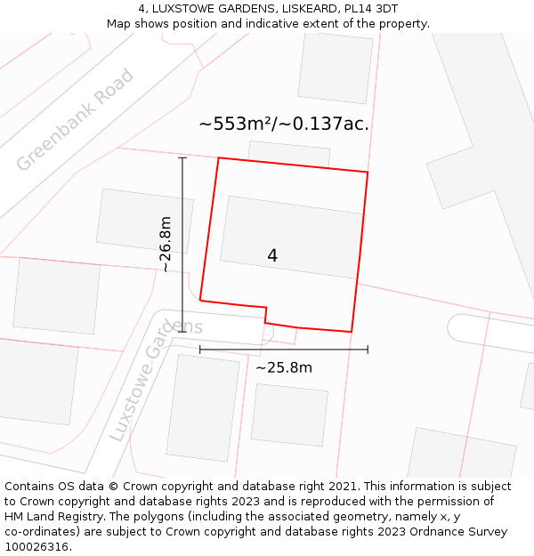 4, LUXSTOWE GARDENS, LISKEARD, PL14 3DT: Plot and title map