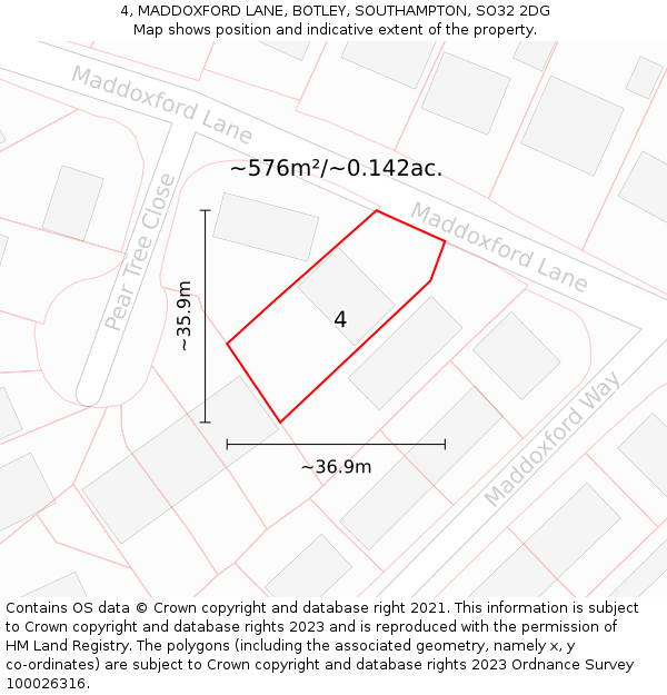 4, MADDOXFORD LANE, BOTLEY, SOUTHAMPTON, SO32 2DG: Plot and title map