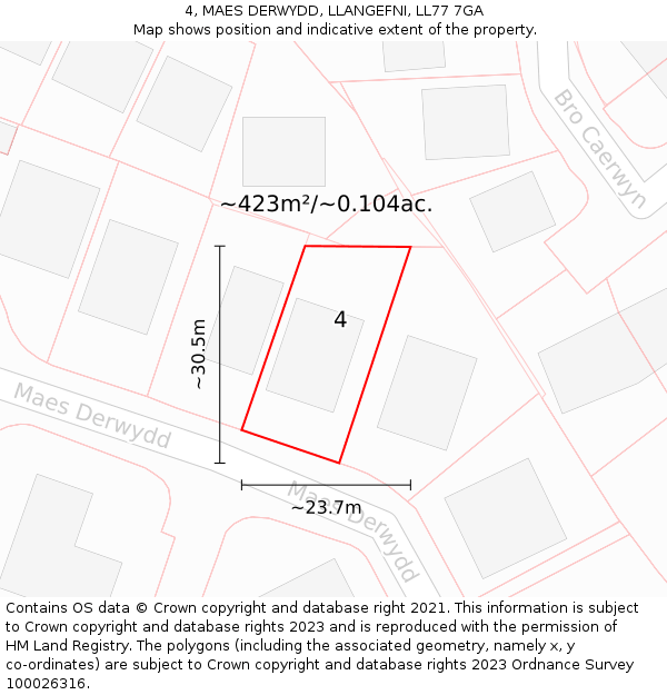 4, MAES DERWYDD, LLANGEFNI, LL77 7GA: Plot and title map