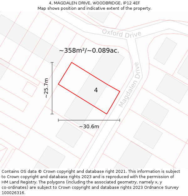 4, MAGDALEN DRIVE, WOODBRIDGE, IP12 4EF: Plot and title map