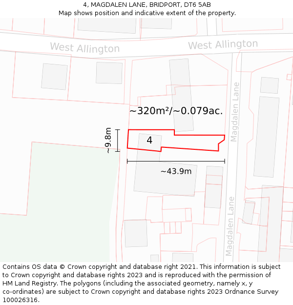 4, MAGDALEN LANE, BRIDPORT, DT6 5AB: Plot and title map