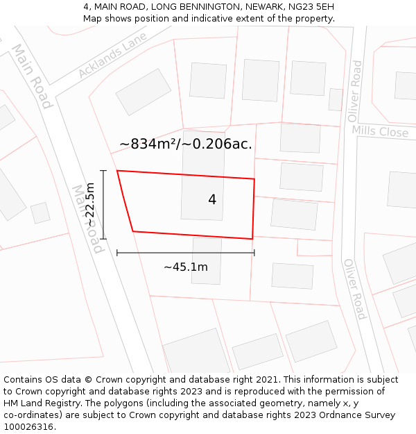 4, MAIN ROAD, LONG BENNINGTON, NEWARK, NG23 5EH: Plot and title map