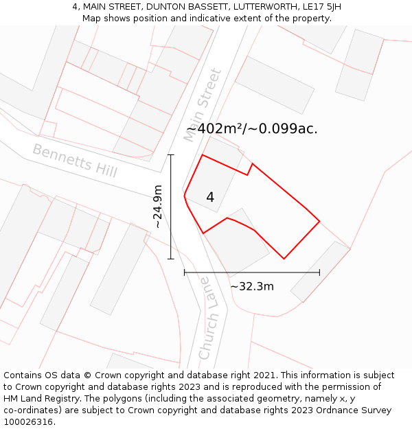 4, MAIN STREET, DUNTON BASSETT, LUTTERWORTH, LE17 5JH: Plot and title map