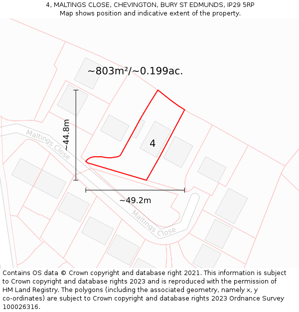 4, MALTINGS CLOSE, CHEVINGTON, BURY ST EDMUNDS, IP29 5RP: Plot and title map