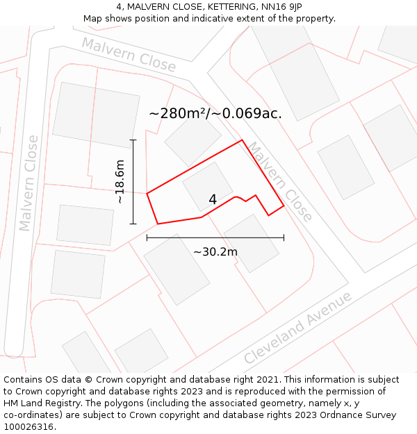 4, MALVERN CLOSE, KETTERING, NN16 9JP: Plot and title map