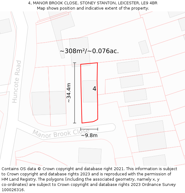 4, MANOR BROOK CLOSE, STONEY STANTON, LEICESTER, LE9 4BR: Plot and title map