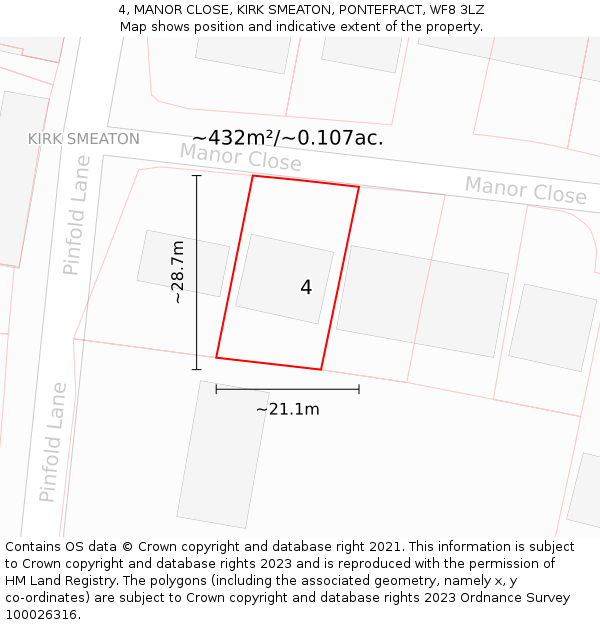 4, MANOR CLOSE, KIRK SMEATON, PONTEFRACT, WF8 3LZ: Plot and title map