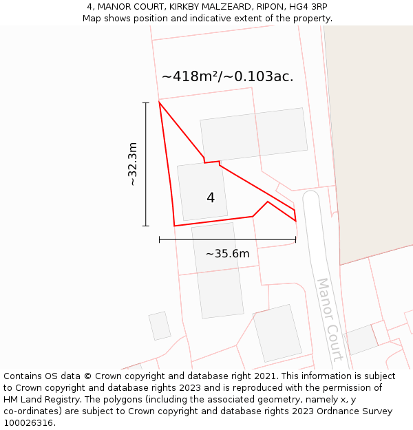4, MANOR COURT, KIRKBY MALZEARD, RIPON, HG4 3RP: Plot and title map