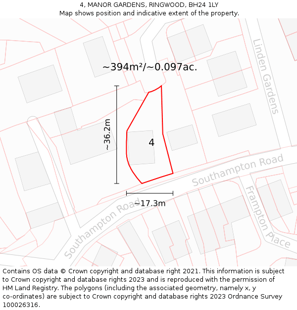 4, MANOR GARDENS, RINGWOOD, BH24 1LY: Plot and title map