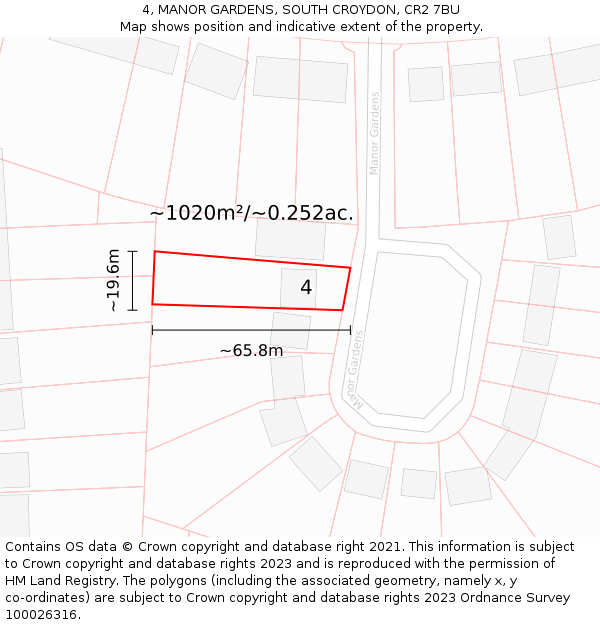 4, MANOR GARDENS, SOUTH CROYDON, CR2 7BU: Plot and title map