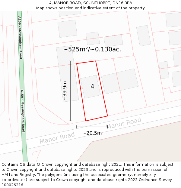 4, MANOR ROAD, SCUNTHORPE, DN16 3PA: Plot and title map