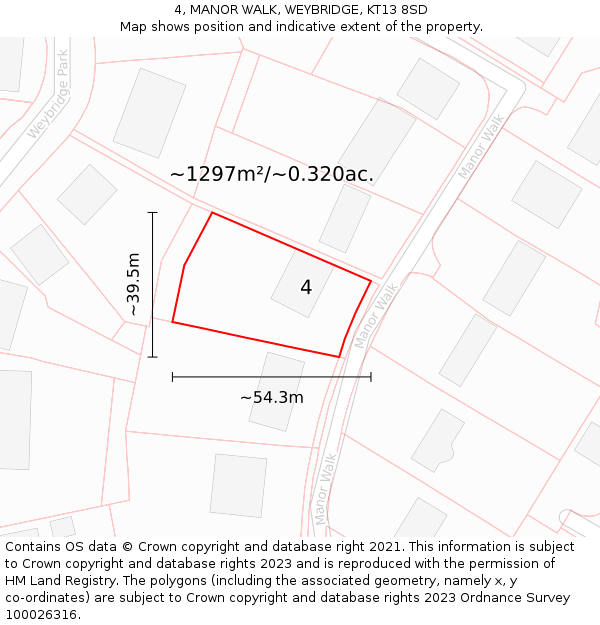 4, MANOR WALK, WEYBRIDGE, KT13 8SD: Plot and title map