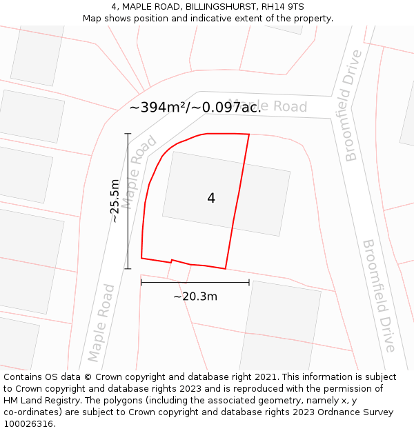 4, MAPLE ROAD, BILLINGSHURST, RH14 9TS: Plot and title map