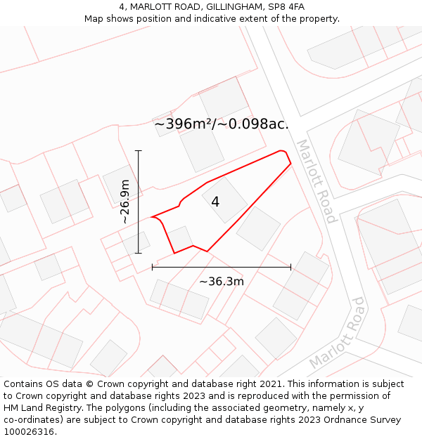 4, MARLOTT ROAD, GILLINGHAM, SP8 4FA: Plot and title map