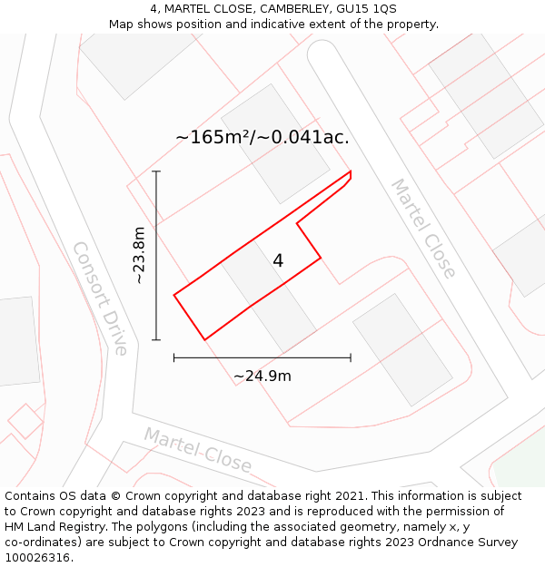 4, MARTEL CLOSE, CAMBERLEY, GU15 1QS: Plot and title map