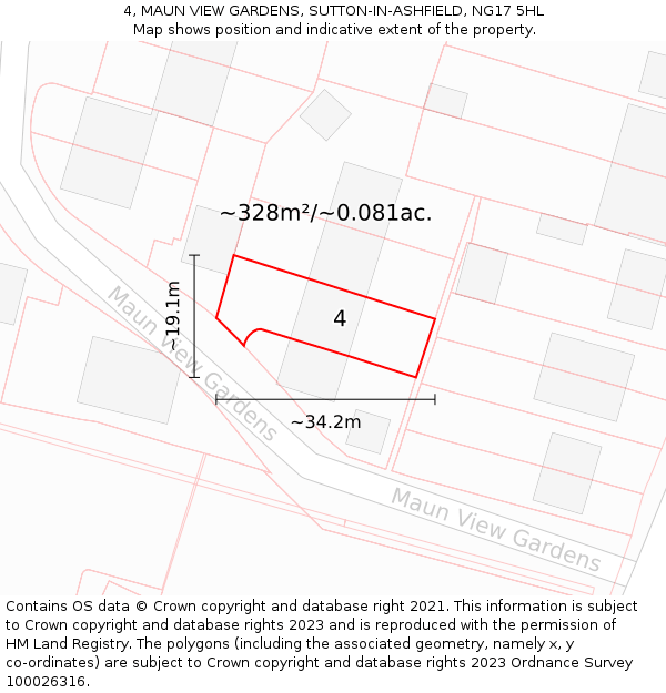 4, MAUN VIEW GARDENS, SUTTON-IN-ASHFIELD, NG17 5HL: Plot and title map