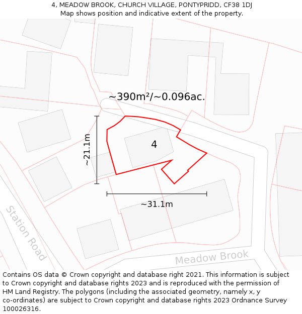 4, MEADOW BROOK, CHURCH VILLAGE, PONTYPRIDD, CF38 1DJ: Plot and title map