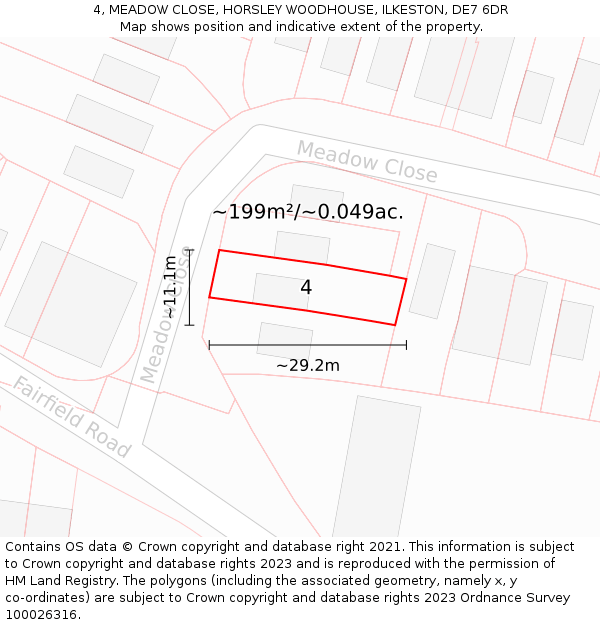 4, MEADOW CLOSE, HORSLEY WOODHOUSE, ILKESTON, DE7 6DR: Plot and title map