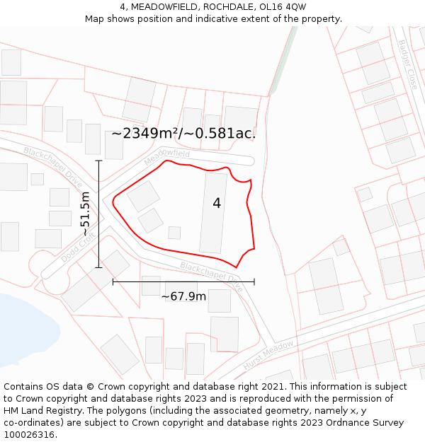 4, MEADOWFIELD, ROCHDALE, OL16 4QW: Plot and title map