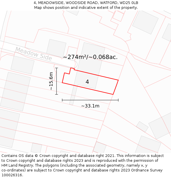 4, MEADOWSIDE, WOODSIDE ROAD, WATFORD, WD25 0LB: Plot and title map