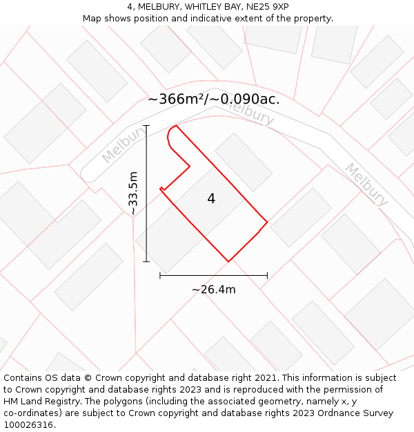 4, MELBURY, WHITLEY BAY, NE25 9XP: Plot and title map