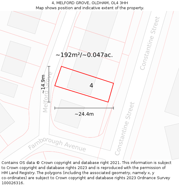 4, MELFORD GROVE, OLDHAM, OL4 3HH: Plot and title map