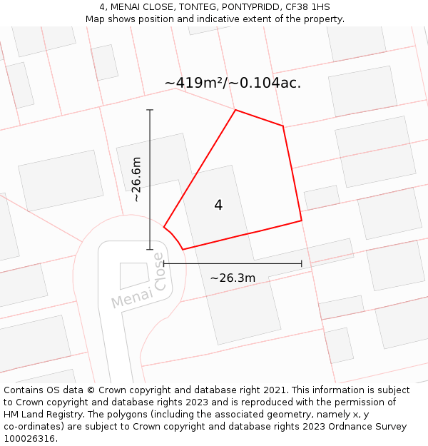 4, MENAI CLOSE, TONTEG, PONTYPRIDD, CF38 1HS: Plot and title map