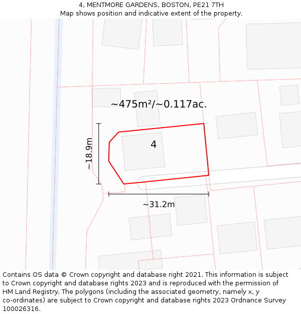 4, MENTMORE GARDENS, BOSTON, PE21 7TH: Plot and title map