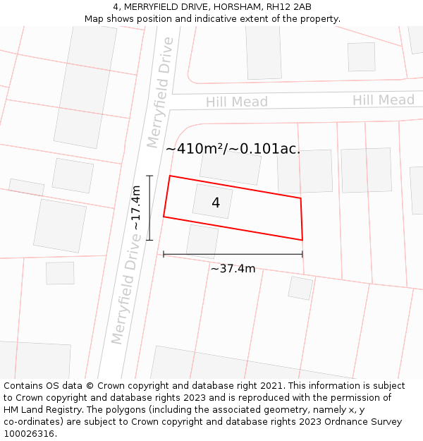 4, MERRYFIELD DRIVE, HORSHAM, RH12 2AB: Plot and title map