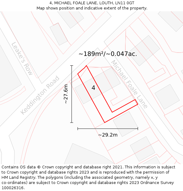 4, MICHAEL FOALE LANE, LOUTH, LN11 0GT: Plot and title map