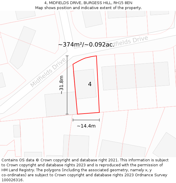 4, MIDFIELDS DRIVE, BURGESS HILL, RH15 8EN: Plot and title map