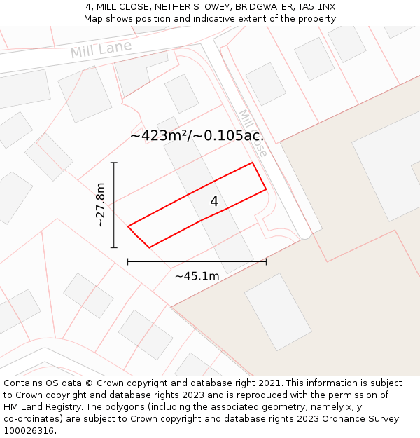 4, MILL CLOSE, NETHER STOWEY, BRIDGWATER, TA5 1NX: Plot and title map