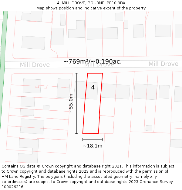 4, MILL DROVE, BOURNE, PE10 9BX: Plot and title map