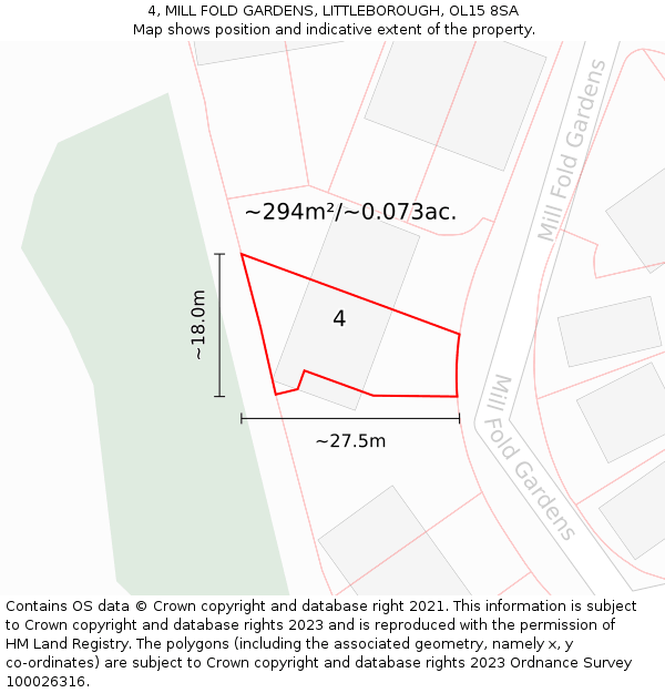 4, MILL FOLD GARDENS, LITTLEBOROUGH, OL15 8SA: Plot and title map