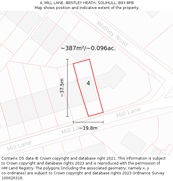 4, MILL LANE, BENTLEY HEATH, SOLIHULL, B93 8PB: Plot and title map